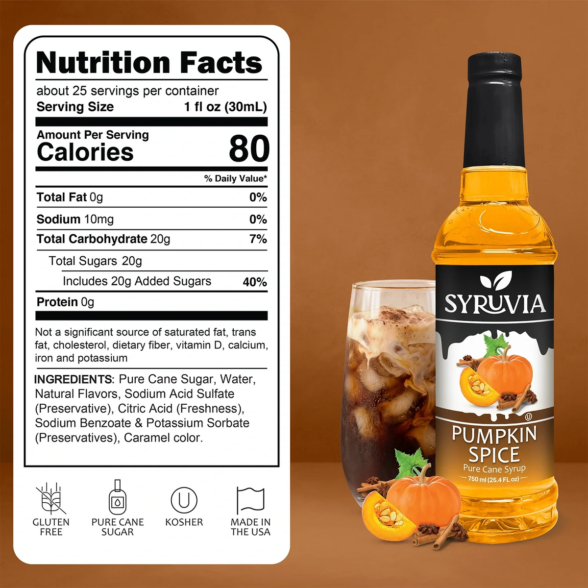 Syruvia Pumpkin Spice non-alcoholic pumpkin pie syrup bottle shown next to its nutrition facts label, a glass of the amber-colored syrup, and a gluten-free pure cane sugar kosher made in USA badge on a brown background.