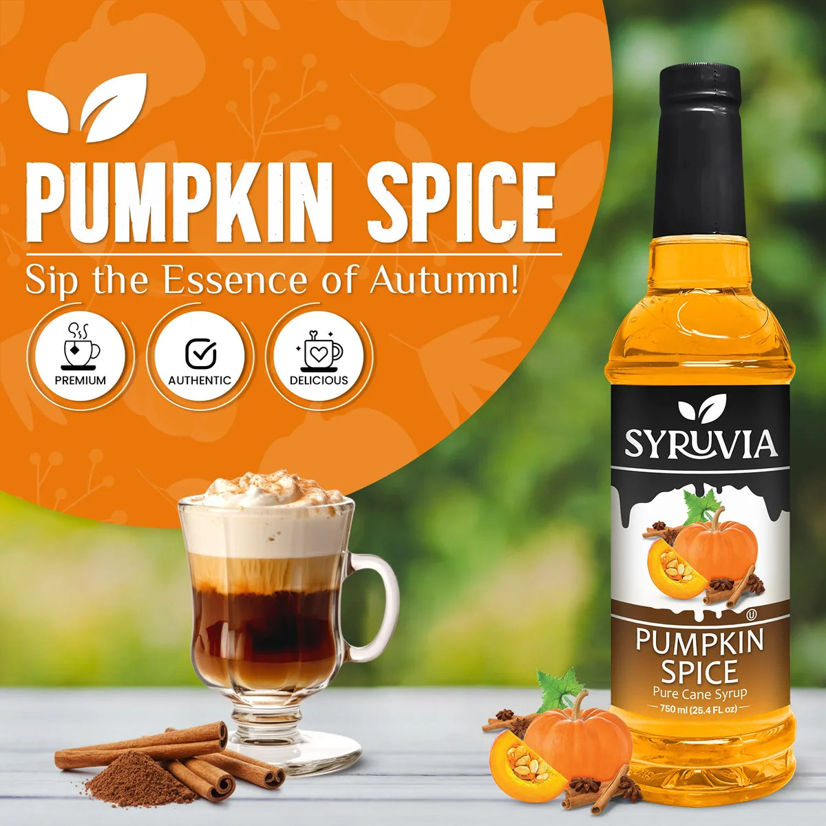 Syruvia Pumpkin Spice syrup bottle with a cup of pumpkin spice latte and autumn-themed elements.