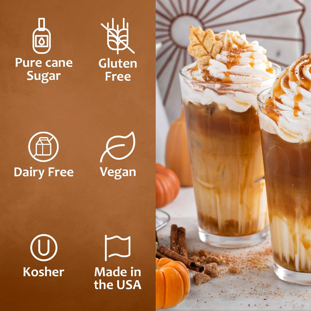 Two pumpkin spice lattes with nutritional information on a brown background