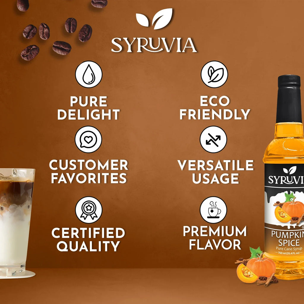 SYRUVIA pumpkin spice syrup bottle with product features on a brown background