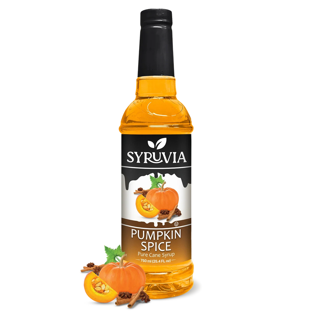 A bottle of Syruvia Pumpkin Spice pure cane syrup with a black cap and a label featuring orange pumpkins, set against a plain white background with decorative pumpkin and cinnamon illustrations at the base.