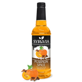 A bottle of Syruvia Pumpkin Spice pure cane syrup with a black cap and a label featuring orange pumpkins, set against a plain white background with decorative pumpkin and cinnamon illustrations at the base.