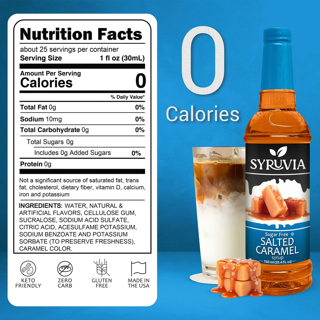 Syruvia Caramel Salted Creamer bottle shown on a bright blue background with a large '0 Calories' graphic and a Nutrition Facts label overlay.