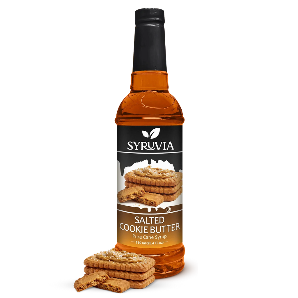 Syruvia salted cookie butter bottle with cookies on a white background