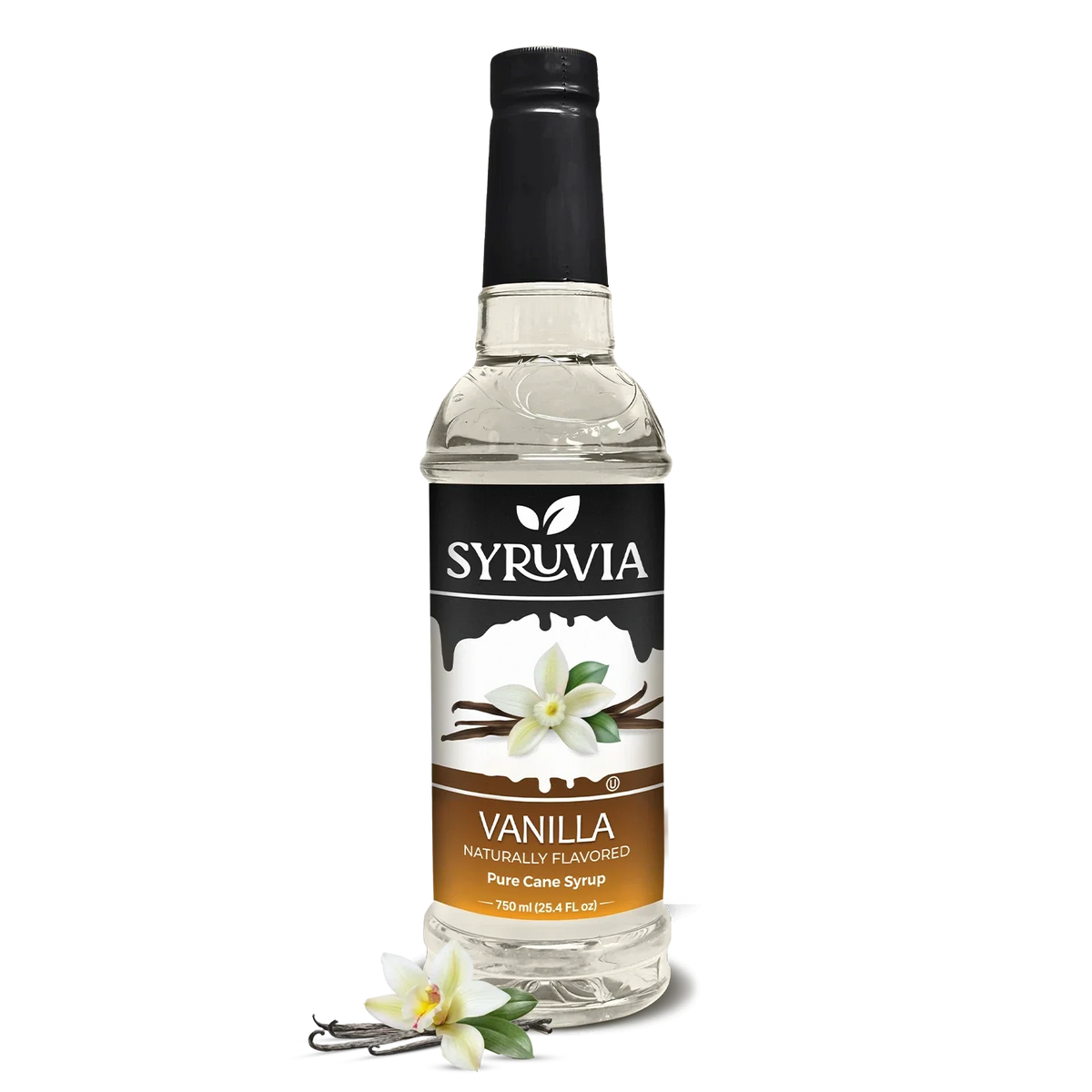 Bottle of Syruvia vanilla syrup on a white background