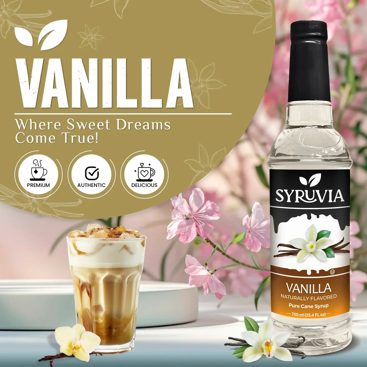 Syruvia vanilla syrup bottle with a glass of coffee and flowers on a blurred background