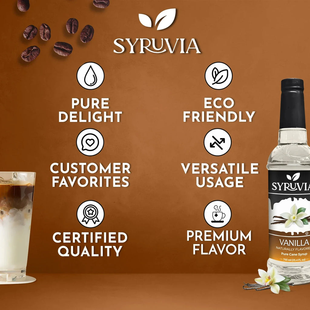 SYRUVIA product with features listed on a brown background