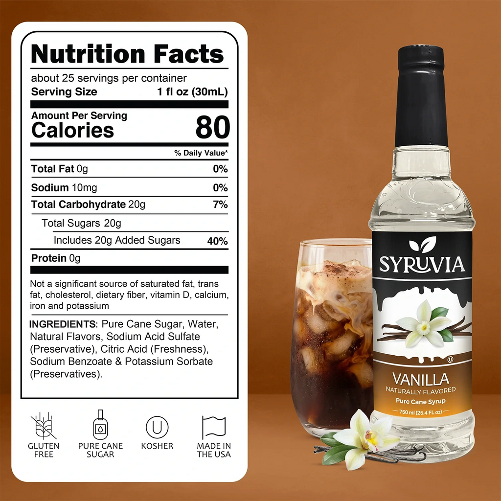 A bottle of Syruvia Vanilla Pure Cane Syrup next to a glass of iced coffee, with a large Nutrition Facts label shown on the left against a solid brown background.