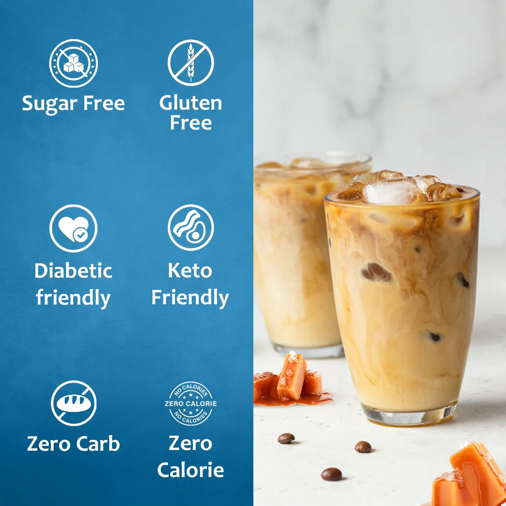 Iced coffee with health benefits listed on a blue background