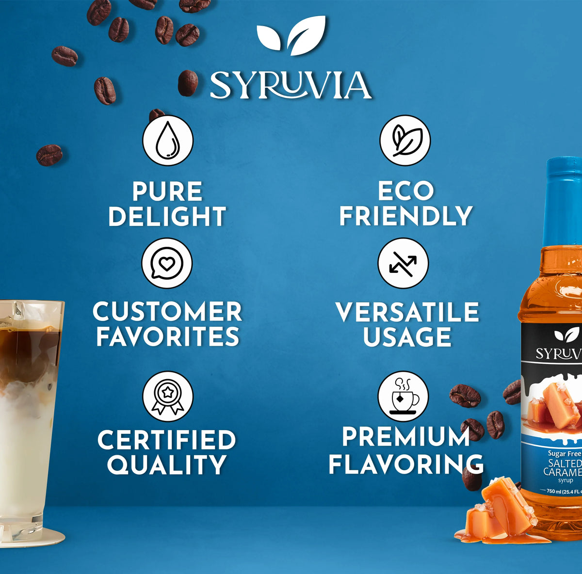 SYRUVIA product with features listed on a blue background