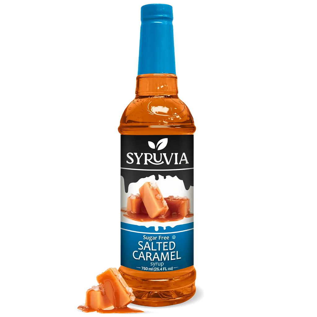 Bottle of Syruvia salted caramel syrup on a white background