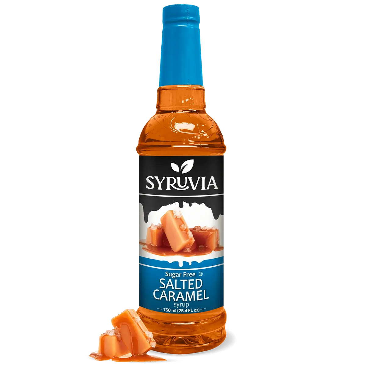 Bottle of Syruvia salted caramel syrup on a white background