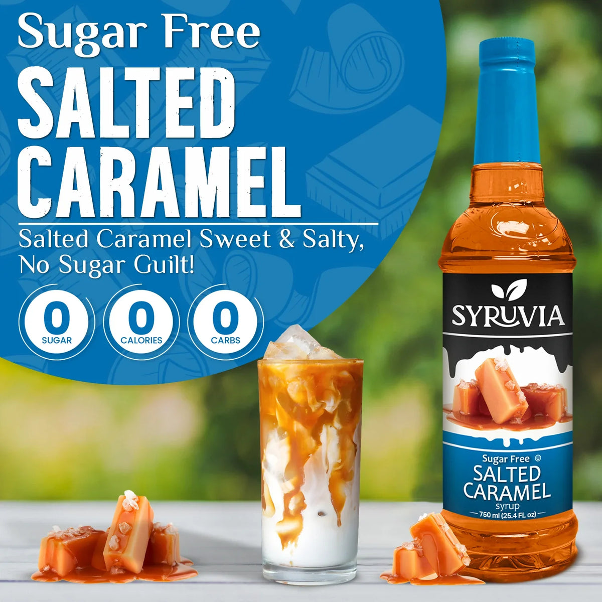 Syruvia sugar-free salted caramel syrup bottle with a glass of caramel sauce and ice cream.